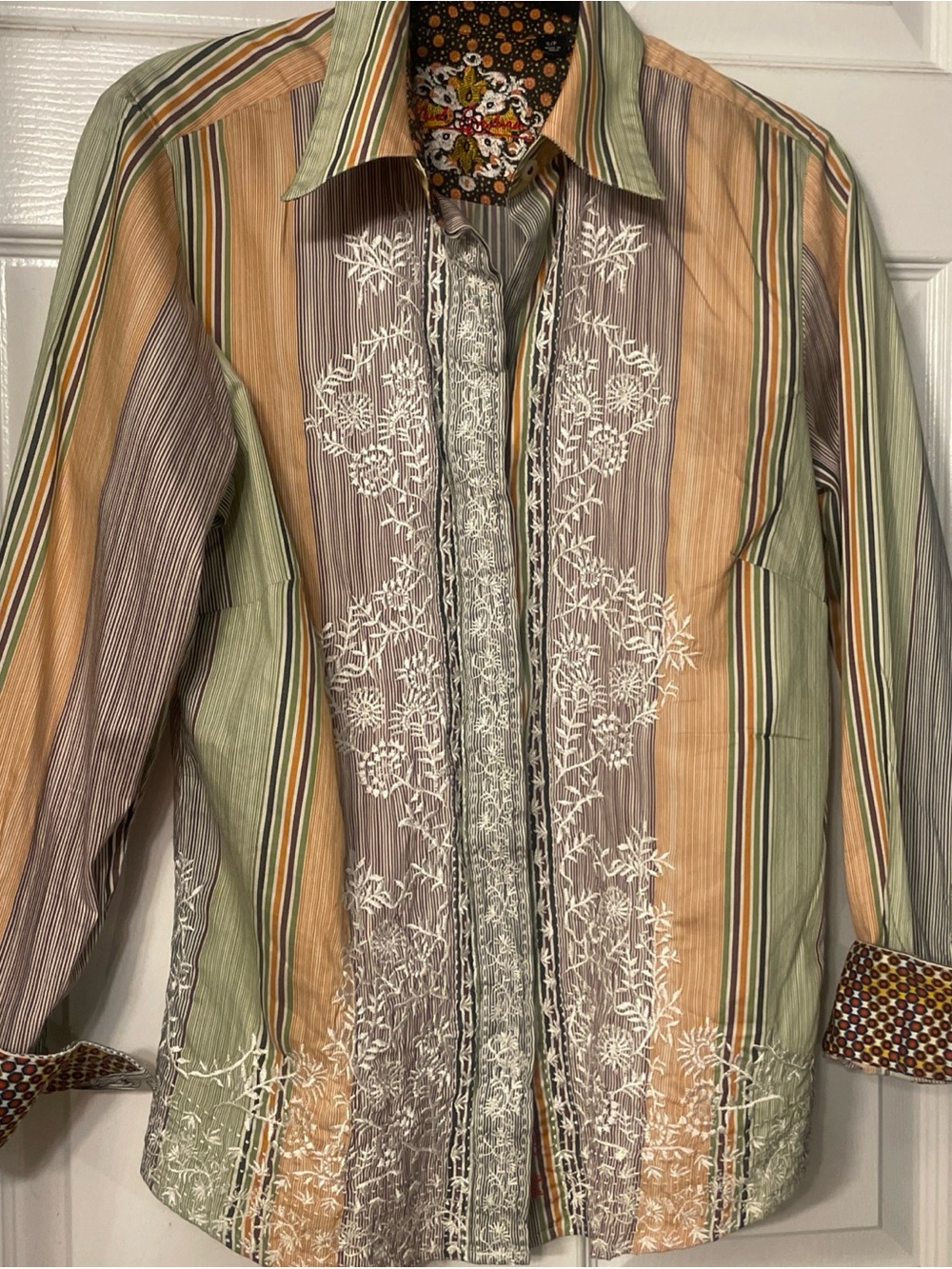 Robert Graham Striped Embroidered Button-Up Blouse in Green, Tan, Gray